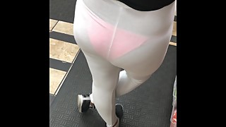 Wife in see through white body suit with peaches visible panties