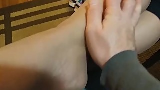 Rubbing wife's Tan Pantyhose Feet!