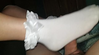 Wifes sexy frilly sock footjob